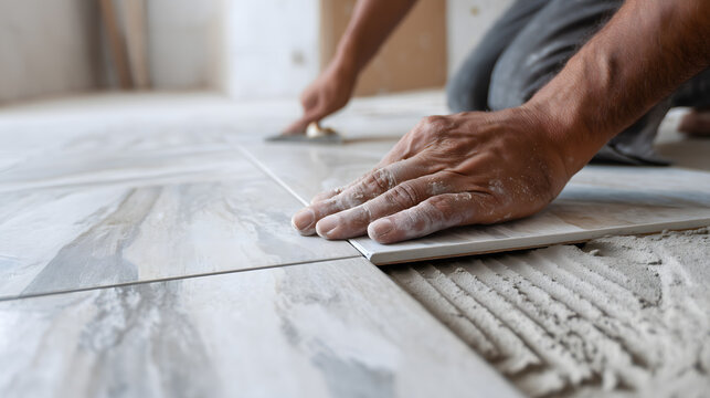 Pose de carrelage sur le sol dans un espace int&eacute;rieur par un artisan.