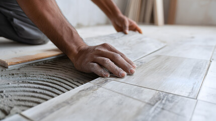Pose de carrelage sur un sol en construction dans un int&eacute;rieur.
