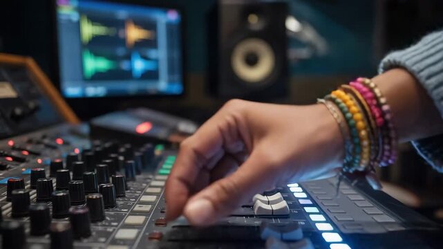 Crafting perfect soundscapes in a cutting edge recording studio, a professional adjusts the audio mixer for the ultimate listening experience