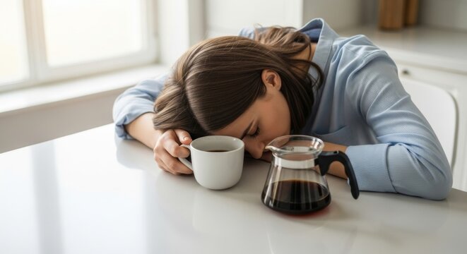 Tired young woman sleeping on kitchen table next to coffee