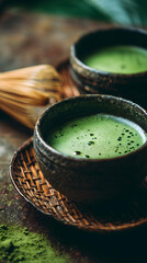 D&eacute;gustation de th&eacute; matcha dans un bol en c&eacute;ramique.
