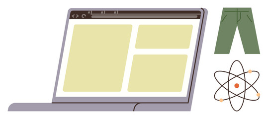 Laptop with open webpage, green pants, and atomic model representing technology, e-commerce, research, physics, science, education and minimal design. Ideal for digital trends and flat metaphor