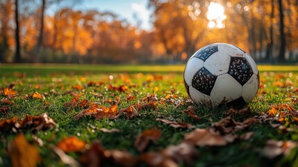 A vibrant soccer ball rests upon a colorful field of fallen autumn leaves. The scene evokes a feeling of fall and sports.