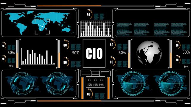 CIO Business, Technology, Internet and network concept. glowing HUD visuals and icons for marketing, innovation, targeting, growth, user data, and automation.