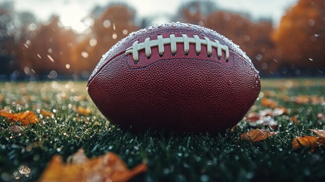 A vibrant red football sits on a grassy field covered in autumn leaves. The image highlights the ball's color and intricate stitching, creating a beautiful fall scene.
