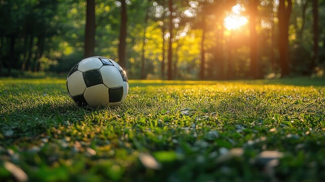 A vibrant soccer ball rests on a lush green field, illuminated by warm sunlight filtering through the branches of trees. Creates a serene and idyllic outdoor scene. - Powered by Adobe