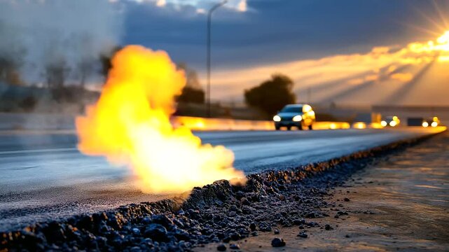 Freshly laid asphalt steaming under warm sunlight, roadwork progress concept, with copy space