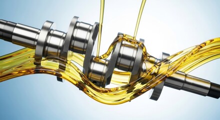 Engine lubrication: golden oil flowing over a polished metal cra