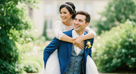 Joyful bride riding piggyback on groom laughing outdoors in a lush green garden with soft natural light, celebrating their wedding day with love and happiness.