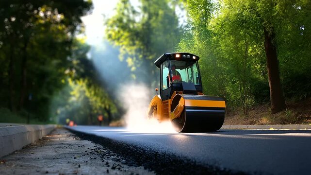 Freshly laid asphalt steaming under warm sunlight, roadwork progress concept, with copy space