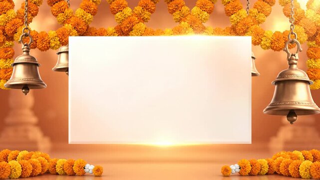 Hindu wedding invitation background with a blank space framed by marigold garlands and traditional temple bells