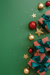 Festive Christmas gifts and ornaments arranged on a green background perfect for holiday promotions and seasonal greetings