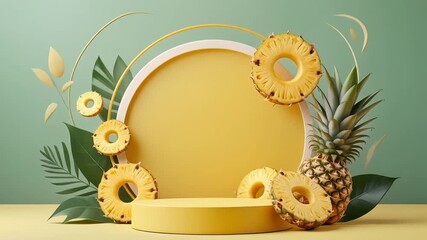 Tropical Delight: A vibrant studio shot showcasing pineapple slices and a whole pineapple alongside a yellow podium. Decorated with leafy foliage, this composition exudes a refreshing tropical vibe. - Powered by Adobe
