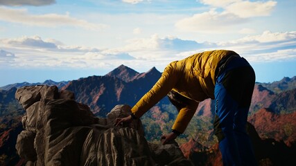 Clumsy adventurer finds himself at the mercy of the wind struggling to keep balance, falling off of a mountain top. The cold weather proves unforgiving for unprepared hiker. Camera A.
