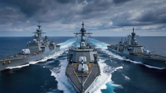 Powerful naval fleet sailing across the ocean, showcasing maritime strength and advanced technology, ideal for defense and military themes