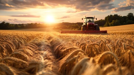 Fototapeta premium Tractor Harvesting Golden Wheat Field at Sunset, Ripe Grain Ready for Collection, Agricultural Rural Scene