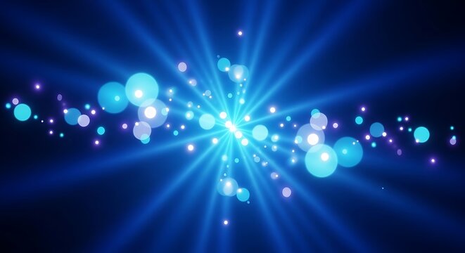 Energetic burst of light particles emanating from a central focal point on blue backdrop