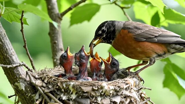 Parent bird feeding hungry baby birds in a nest on a tree branch