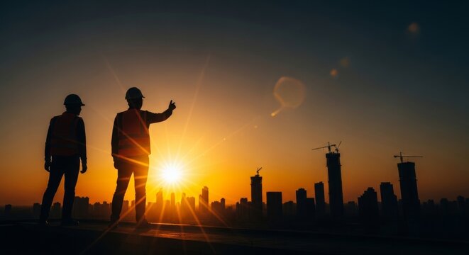 Construction engineers overseeing city project at sunset - Powered by Adobe