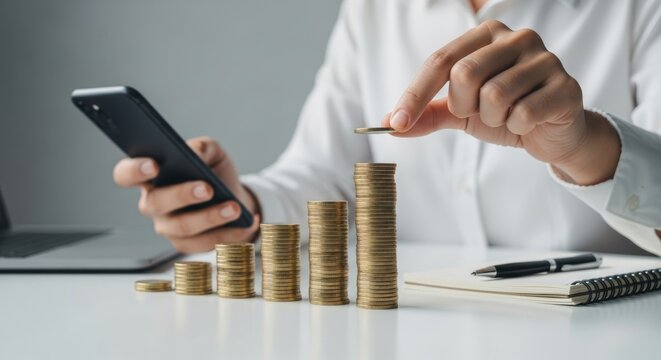 Person stacking coins while using smartphone for digital financial growth