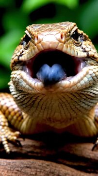 Stunning close-up of a golden tegu lizard opening its mouth wide, capturing a moment of wildlife intensity, perfect for nature and animal documentaries