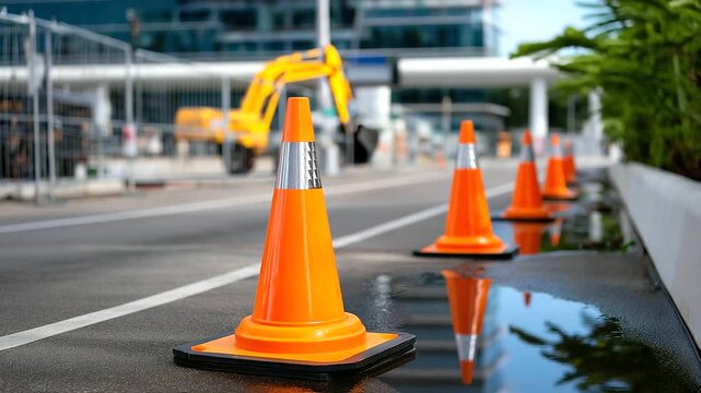 Orange safety cones leading toward an active construction area, road safety concept, with copy space
