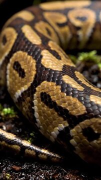 Watch a ball python gently slither across moist earth, its scales glistening, a fascinating reptile in motion showcasing natural beauty and reptilian grace