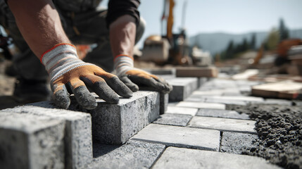 Pose de pav&eacute;s pour une all&eacute;e en construction dans un chantier durant la journ&eacute;e.