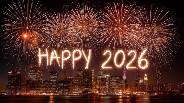Fireworks over city skyline celebrating happy new year for the year 2026