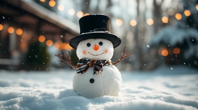 A cheerful snowman with a top hat and scarf in a snowy winter scene outdoors