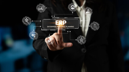 Obraz premium ERP platform visual showing centralized system for enterprise resource planning, improving integration, data flow, business efficiency, finance, inventory, and human resources. Spline