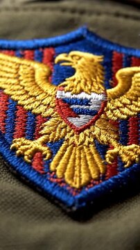 Dynamic video reveals vibrant embroidered eagle patch, a symbol of strength and heritage, perfect for historical documentaries and patriotic celebrations