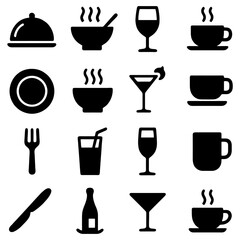 Restaurant Icons: A set of elegant vector illustrations showcases essential restaurant elements, providing a visual guide for culinary establishments, enhancing menus, websites.