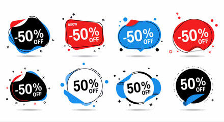Discount Deal Badges: A visually appealing collection of geometric discount badges, each displaying a significant 50% off offer, ideal for promotional purposes and grabbing attention.