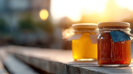 Close-up of honey jars with wooden lids sitting on a wooden surface, bathed in warm sunlight, creating a cozy and natural atmosphere.