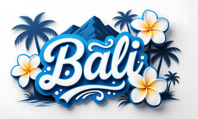 Stylized Bali 3D lettering with tropical mountains, palm trees, and frangipani flowers artwork