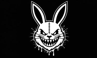 Edgy cartoon rabbit head vector with menacing grin and paint splatter on black background