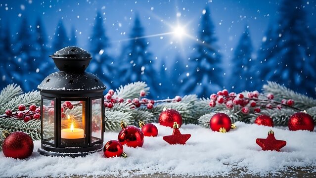A festive Christmas lantern with a glowing candle and red ornaments in a snowy winter forest