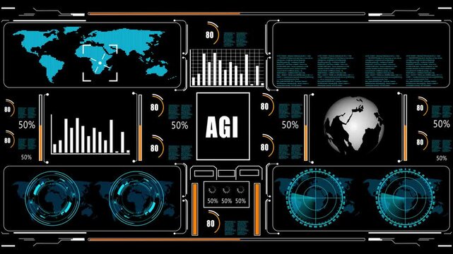 AGI Business, Technology, Internet and network concept. glowing HUD visuals and icons for marketing, innovation, targeting, growth, user data, and automation.