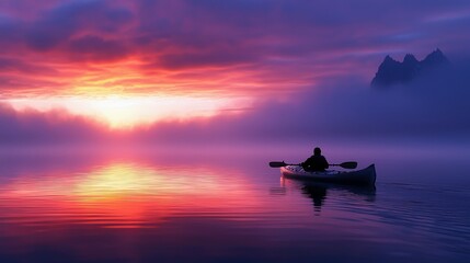 A lone kayaker paddles across a calm lake at sunset, with a vibrant sky and mountain silhouette in the background. The water reflects the colorful sky.