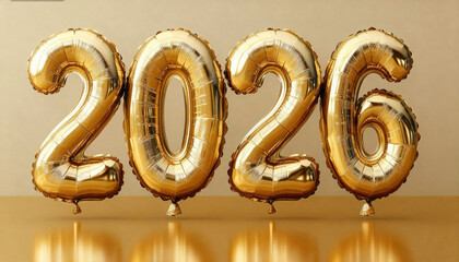 Golden foil balloons 2026 on color background