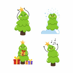 Fun and festive cartoon Christmas trees celebrating the holiday season in various joyful activities