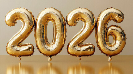 Golden foil balloons 2026 on color background