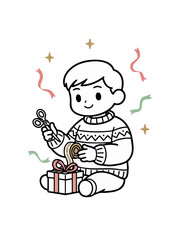 charming black outline vector illustration shows a smiling boy in a holiday sweater sitting down, holding scissors and tape, carefully wrapping a small present for a festive occasion
