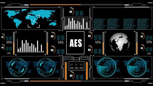 AES Business, Technology, Internet and network concept. glowing HUD visuals and icons for marketing, innovation, targeting, growth, user data, and automation.