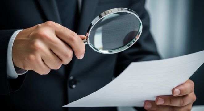 Businessman examining document with magnifying glass