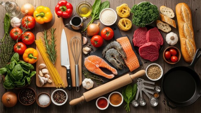 Fresh ingredients and cooking utensils laid out on a wooden surface