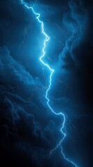A vivid image of a lightning strike illuminating a dark, stormy sky. The electric blue bolt of lightning dramatically contrasts with the dark clouds.