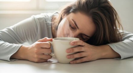 Tired young woman resting head on table with steaming coffee mug