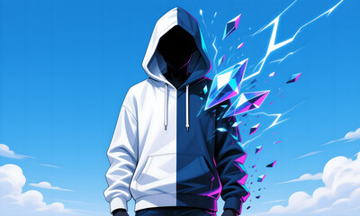 Modern hooded silhouette transforming into vibrant digital fragments under clear blue sky